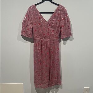 💘 NWOT Pink Sequin & Red Heart Dress – Size L 💘
